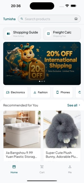 Tumisha app home — browse and shop millions of products